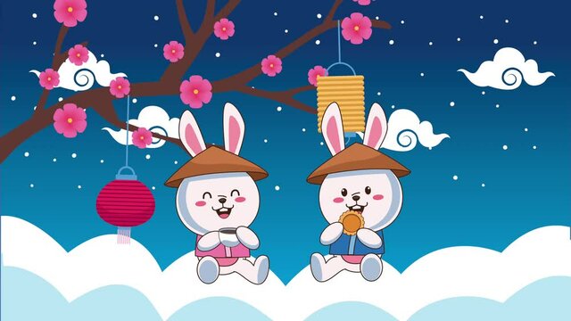 mid autumn festival animation with rabbits drinking tea and eating cookies in clouds