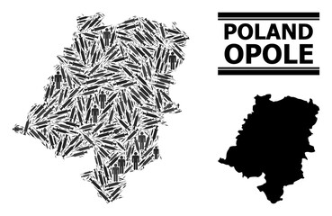 Covid-2019 Treatment mosaic and solid map of Opole Province. Vector map of Opole Province is designed with syringes and men figures. Template designed for pandemic aims. Final win over asian flu.