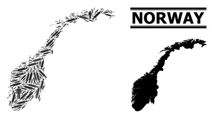 Covid-2019 Treatment mosaic and solid map of Norway. Vector map of Norway is shaped with vaccine symbols and men figures. Illustration is useful for safety alerts. Final win over Covid-2019.