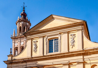 Fototapeta premium The façade of the former church of San Ludovico, painted with the typical 