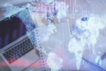 Double exposure of businesswoman hands typing on computer and forex chart hologram drawing. Financial analysis concept.