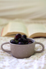 Bowl of grapes and open book on a bed. Selective focus.