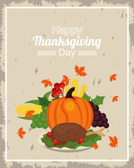 happy thanksgiving day poster with pumpkin and turkey in dish