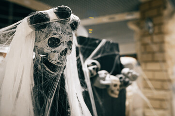 Close photo of a skeleton in a cobweb and dark clothes indoors. Background. Halloween decor. Copy...