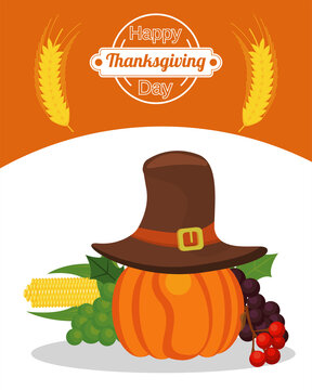 happy thanksgiving day poster with pumpkin wearing pilgrim hat and fruits