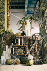 Halloween decor with green pumpkins, cobwebs and crows indoors. Vertical