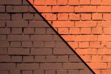 Abstract geometric pattern. Brick wall decorated with bright orange spots and stripes, shades of...