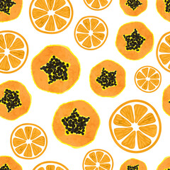Seamless tropical fruit pattern with orange and papaya slices.