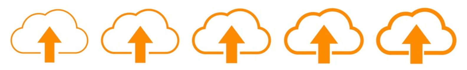 Cloud Upload Icon Orange Line | Clouds Arrow Up Illustration | Computing Storage Symbol |  Server Data Internet Logo | IT Service Sign | Isolated | Variations