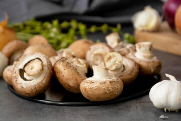 Champignon mushrooms, close up, cooking healthy food, top view.