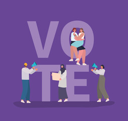 Women and man cartoons with vote banners and megaphone vector design