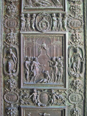 Italy, Marche, Loreto details of the Holy House basilica bronze central door.
