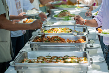 buffet food, catering food party at restaurant, mini canapes, snacks and appetizers
