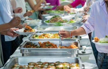 buffet food, catering food party at restaurant, mini canapes, snacks and appetizers
