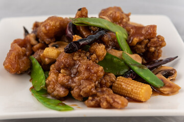 Detail view of appetizing plate tempting the tastebuds with tangerine flavored chicken in perfect serving size.