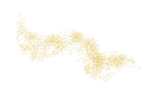 Horizontal wavy strip sprinkled with crumbs golden texture. Background Gold dust on a white background. Sand particles grain or sand. Vector backdrop golden path pieces grunge for design illustration