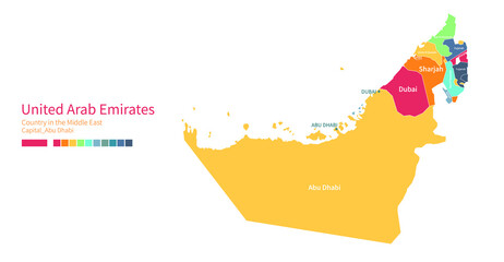 UAE map. Colorful detailed vector map of the Arab, Middle East country.