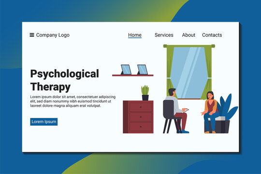 A man complains to a psychiatrist about his problem. Psychological landing page template.
