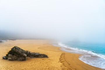  Rock and long beach covered by mist