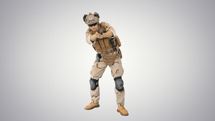 American soldier with pistol aiming and shooting on gradient bac