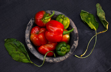 Overhead view of home grown red bell peppers