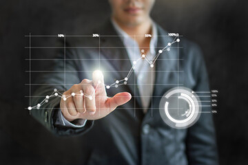 Business development to success and growing growth concept, Businessman pointing arrow graph corporate future growth plan. Business man working business strategy.