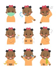 9 kinds of cute children sick, fever, sickness, crying, cartoon comic vector illustration, set, isolated
