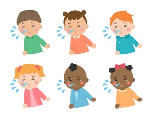 Cute children daily illustration set, different races with skin color, sneezing runny nose cold hay fever, cartoon comic vector illustration, set, isolated