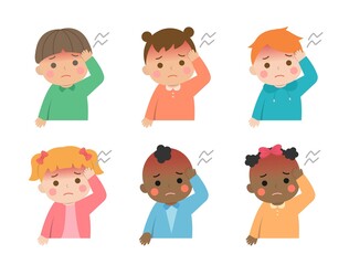 Cute children daily illustrations set, different races with skin color, fever headache virus disease, cartoon comic vector illustration, set, isolated