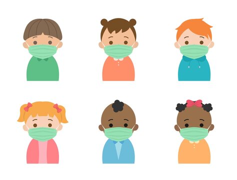 Cute children's daily illustrations set, different races and skin colors, face mask, cartoon comic vector illustration, set, isolated