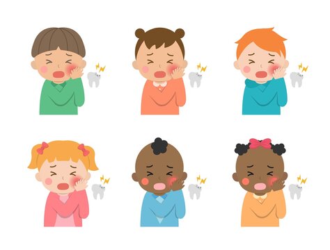 Cute children daily illustration set, different races with skin color, toothache, tooth decay, cartoon comic vector illustration, set, isolated