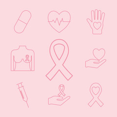 breast cancer line style set of icons vector design