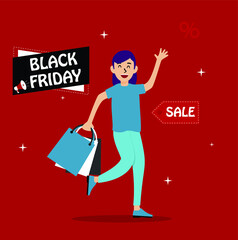 Happy women shopping on Black Friday in Flat style