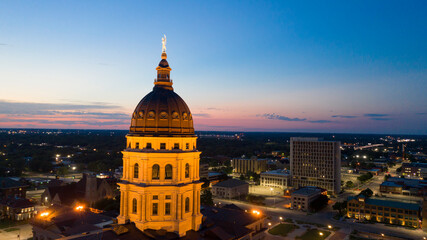 Aerial View at Sunset over the State Capital Building in Topeka Kansas USA