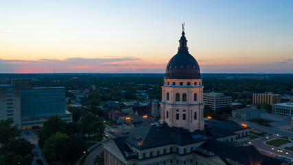 Fototapeta na wymiar Aerial View at Sunset over the State Capital Building in Topeka Kansas USA