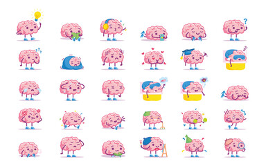 Isolated set of group of brain emoji emotion cute icon- Vector