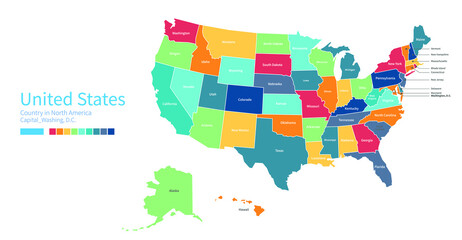 US map. Colorful detailed vector map of the North America country.