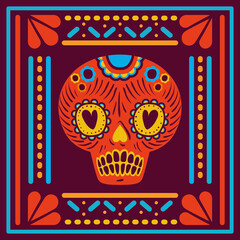 Mexican skull in frame on purple background vector design