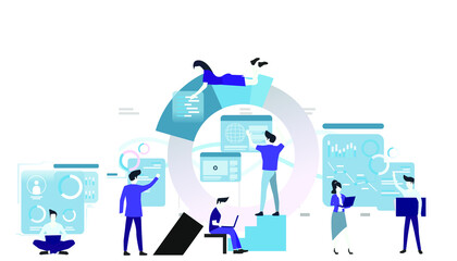 Group Businessman and Lady  contact technology for Startup success with  group analysts working graphs creativity.