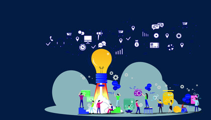 Naklejka premium Business team Man and woman think analyze creative work with Light bulb ,flat design illustration Creativity modern Idea and Concept Vector 
