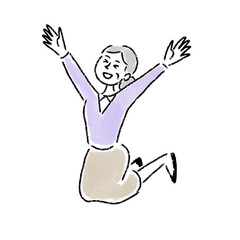 ジャンプ　喜ぶ　女性　シニア　水彩　手描き
