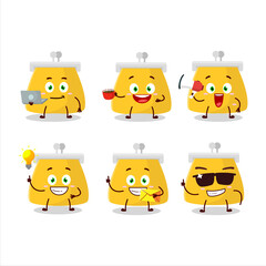 Coin purse cartoon character with various types of business emoticons