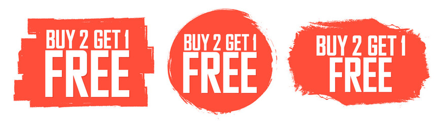 Set Buy 2 Get 1 Free tags, sale banners design template, grunge brush collection, limited time discount, vector illustration