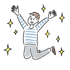 ジャンプ　喜ぶ　男の子　キラキラ　水彩　手描き
