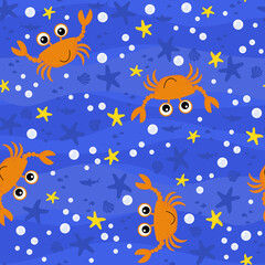 seamless pattern with cute baby crab cartoon illustration with bubbles and under the sea background. Design for baby and child. Can be tiled
