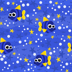 Fototapeta na wymiar seamless pattern with cute baby blue fish. Cartoon illustration with bubbles and under the sea background. Design for baby and child. Can be tiled
