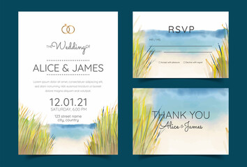 wedding cards, invitation. Save the date sea style design. Romantic beach wedding summer background	