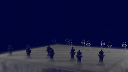 Playing checker with covering fog on checker board in deep blue space (3D Rendering)