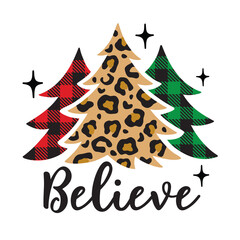 Vector illustration of Christmas trees with leopard print and buffalo plaid patterns.