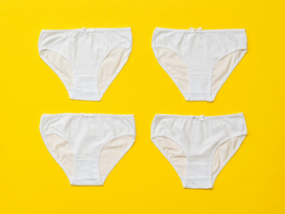 Four white women's panties on a yellow background. Flat lay.